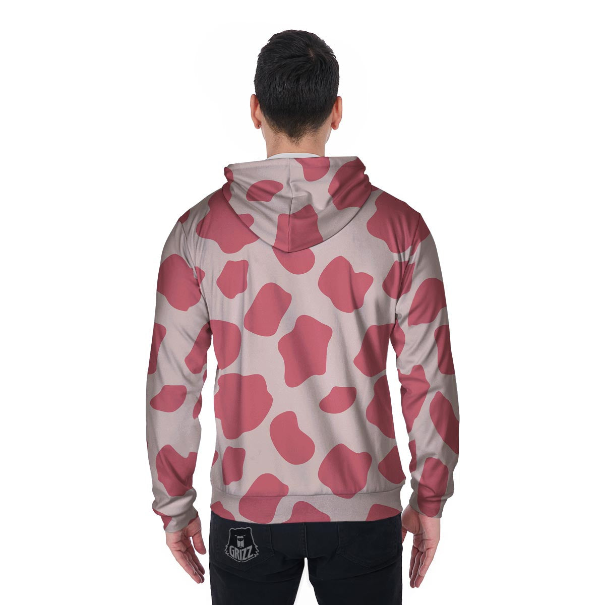 Light Pink Cow Print Men's Zip Up Hoodie-grizzshop