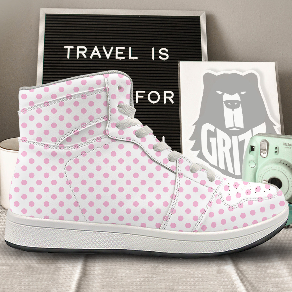 Light Pink Dots And White Print Pattern High Top Sneakers-grizzshop