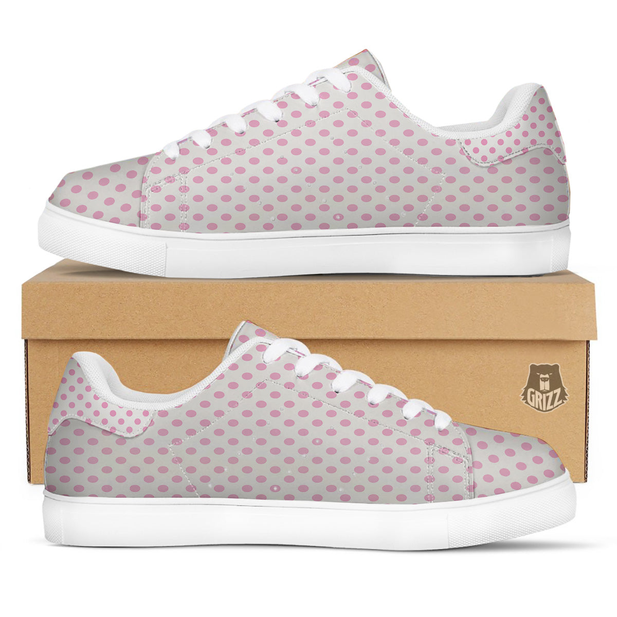 Light Pink Dots And White Print Pattern White Low Top Sneakers-grizzshop