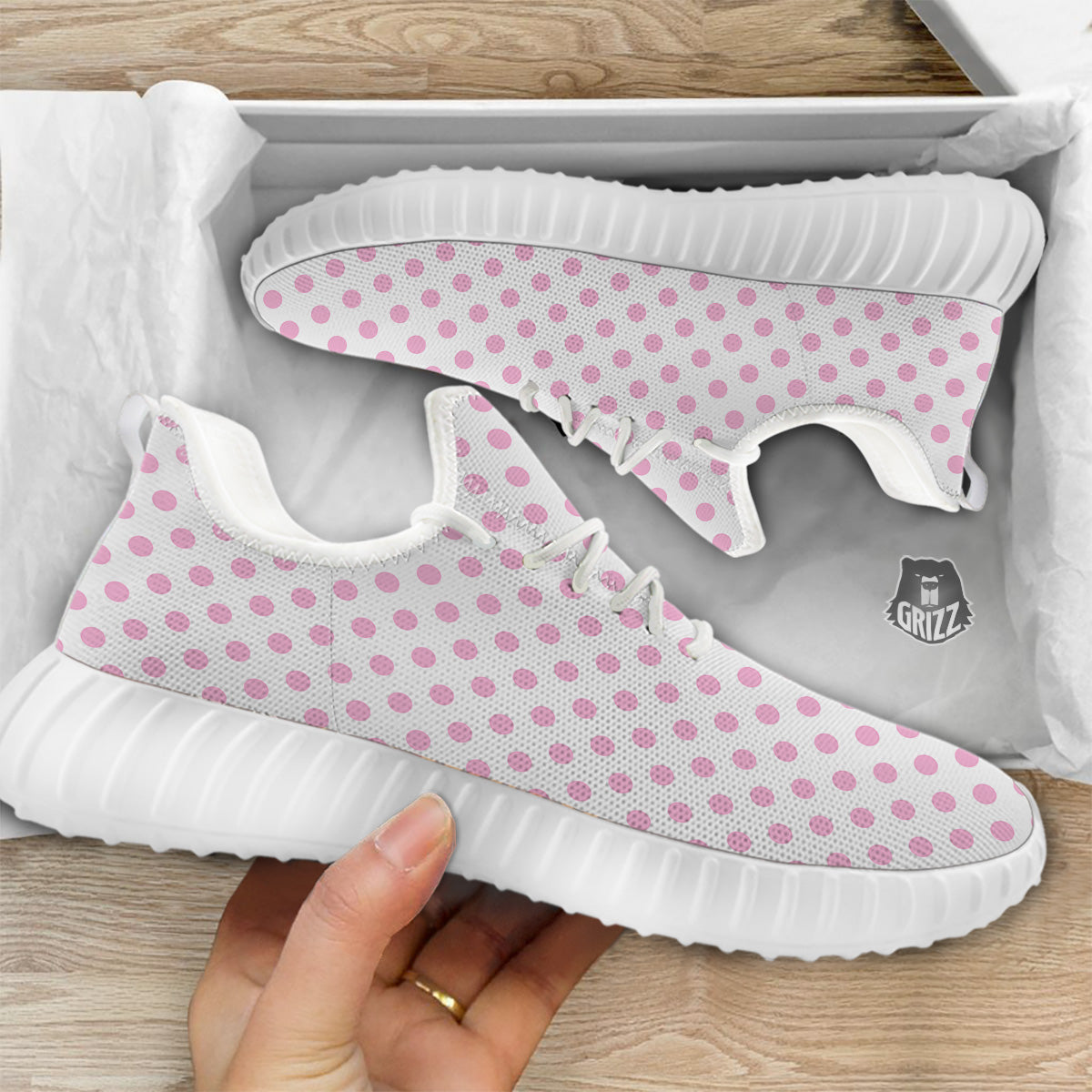 Light Pink Dots And White Print Pattern White Walking Shoes-grizzshop