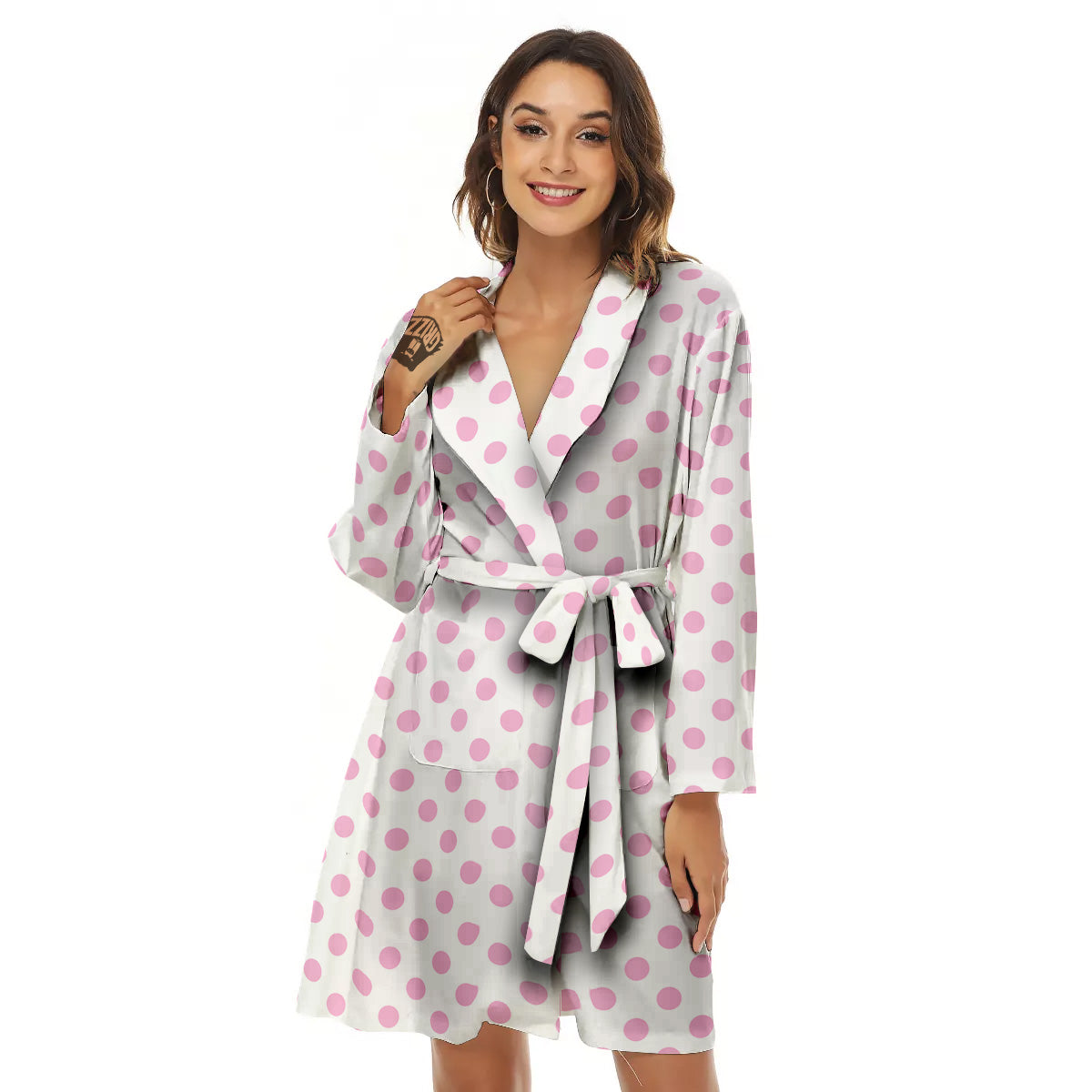 Light Pink Dots And White Print Pattern Women's Robe-grizzshop