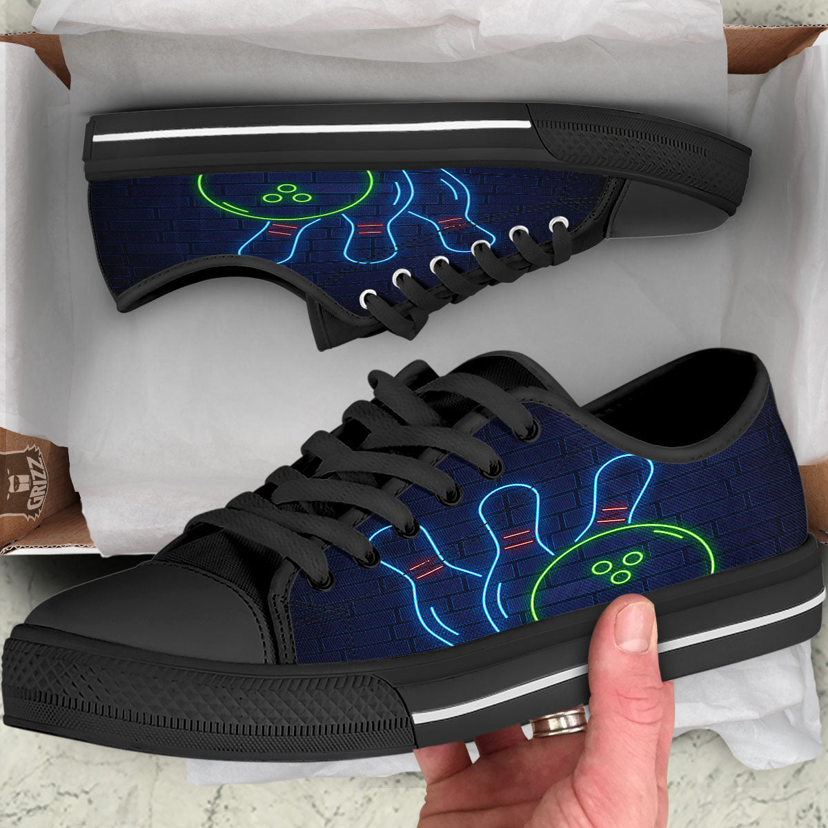 Light Up Bowling Pins Print Black Low Top Shoes-grizzshop