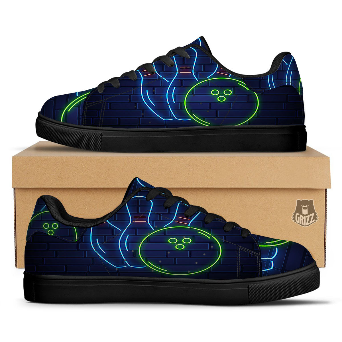 Light Up Bowling Pins Print Black Low Top Sneakers-grizzshop