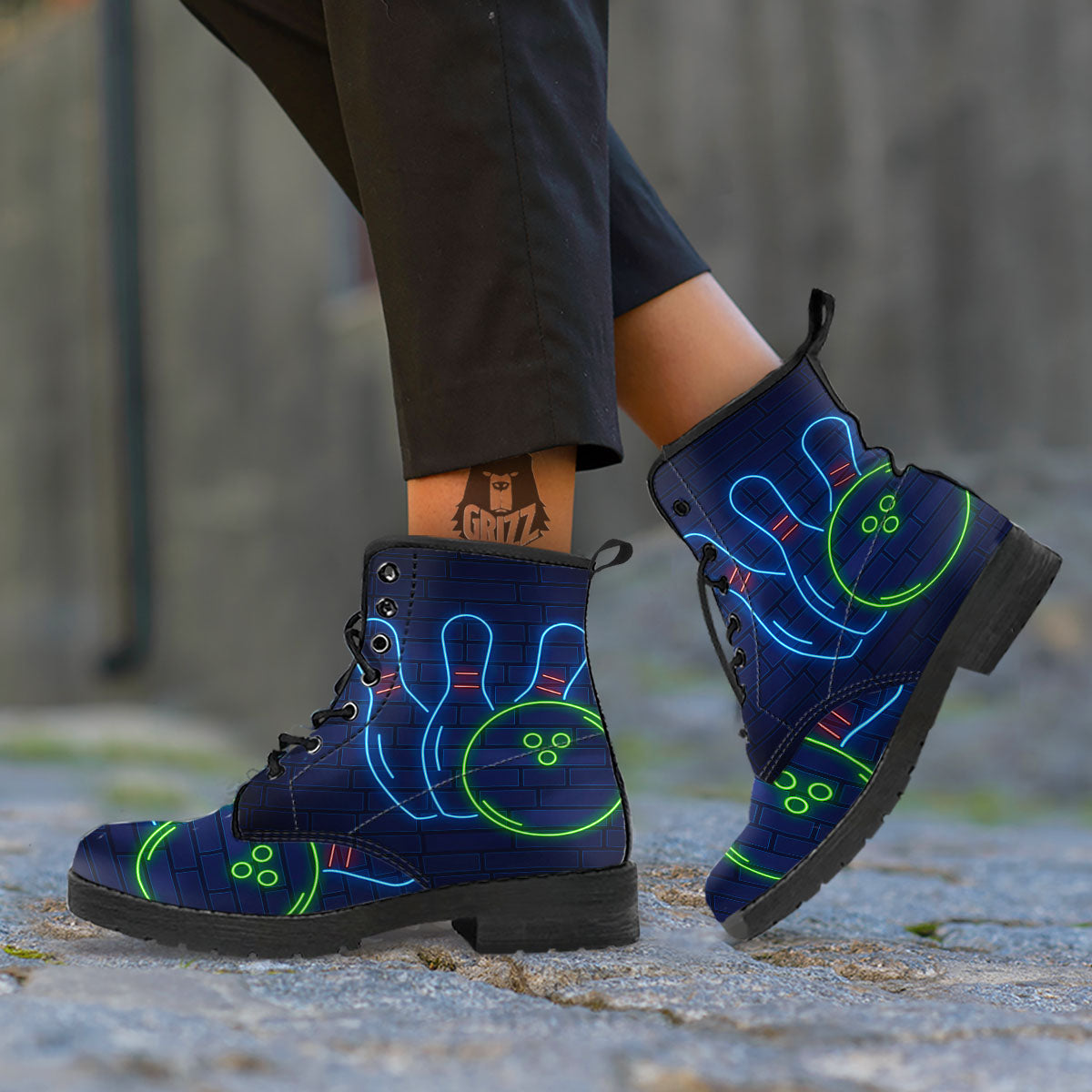 Light Up Bowling Pins Print Leather Boots-grizzshop