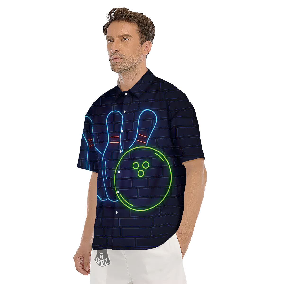 Light Up Bowling Pins Print Men's Short Sleeve Shirts-grizzshop