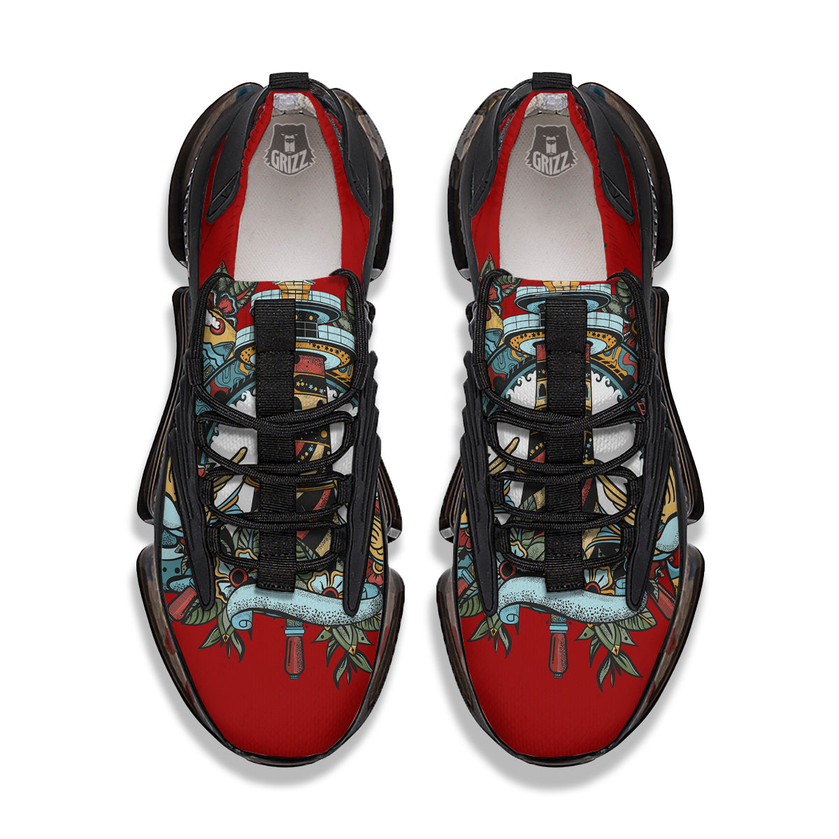 Lighthouse Sea Adventure Tattoo Print Black Gym Shoes-grizzshop