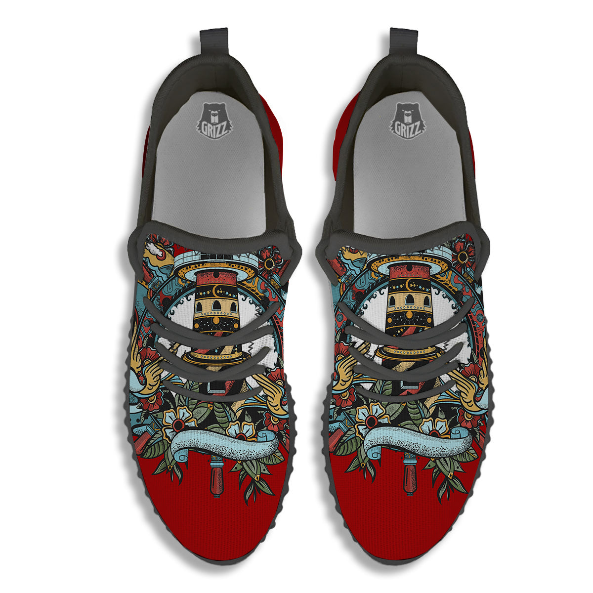 Lighthouse Sea Adventure Tattoo Print Black Walking Shoes-grizzshop