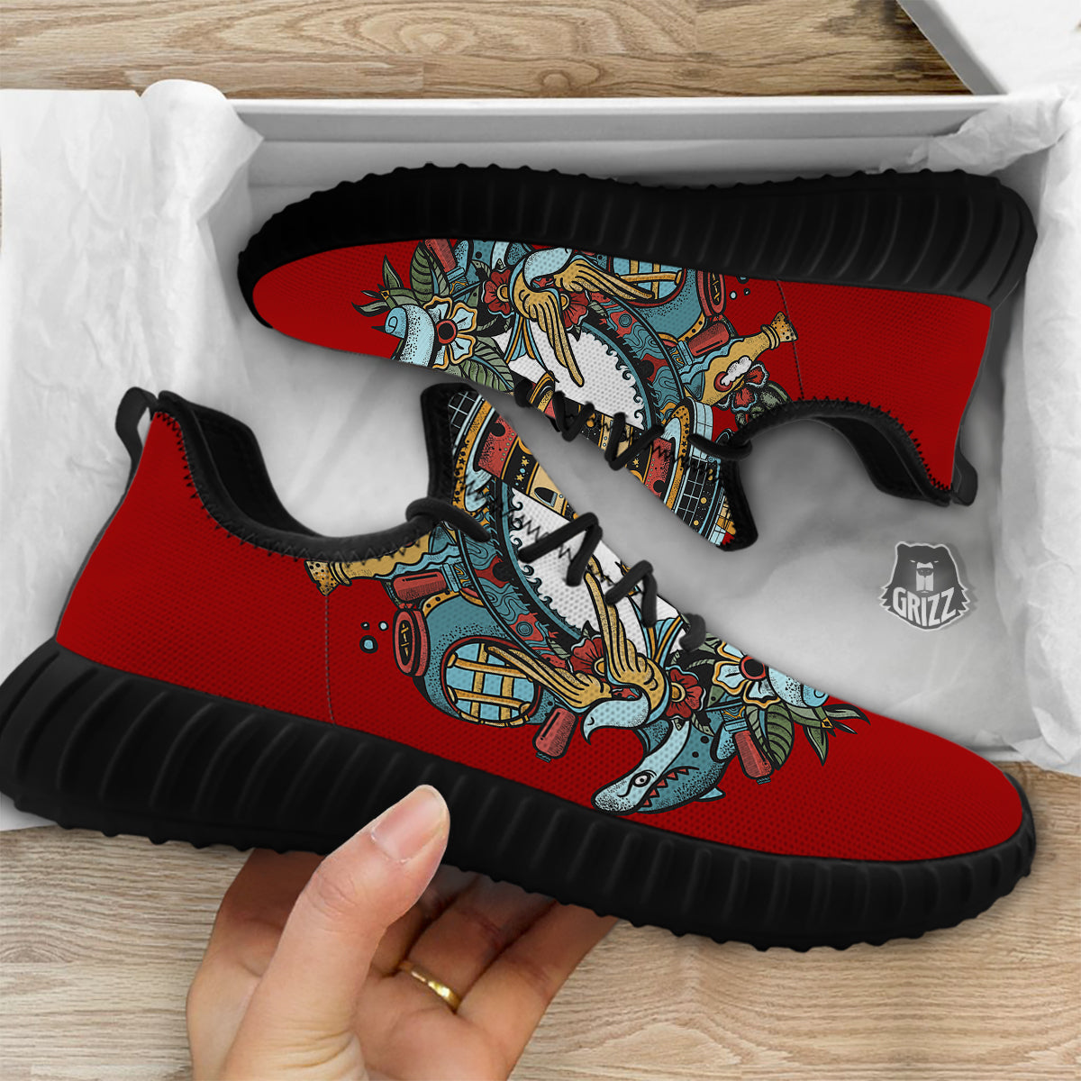 Lighthouse Sea Adventure Tattoo Print Black Walking Shoes-grizzshop