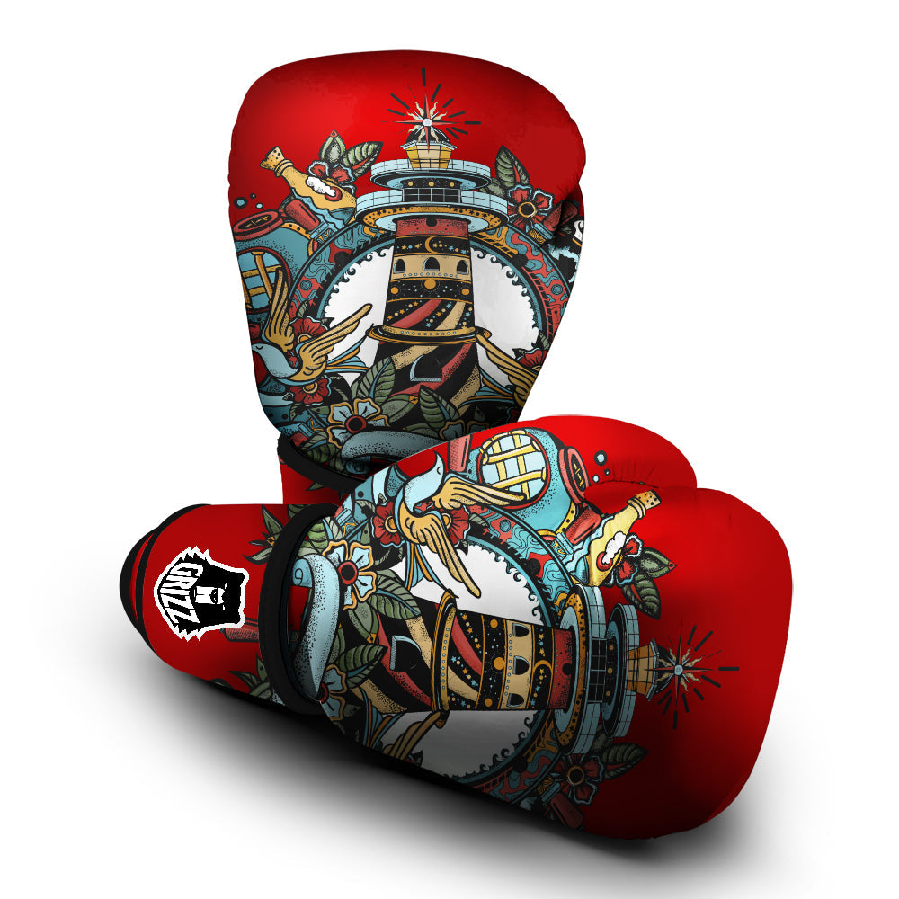 Lighthouse Sea Adventure Tattoo Print Boxing Gloves-grizzshop