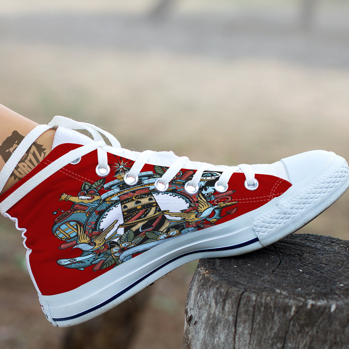 Lighthouse Sea Adventure Tattoo Print White High Top Shoes-grizzshop