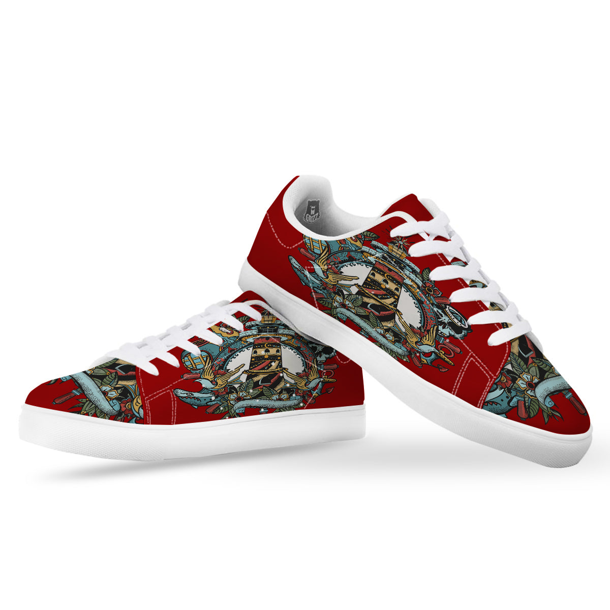 Lighthouse Sea Adventure Tattoo Print White Low Top Sneakers-grizzshop