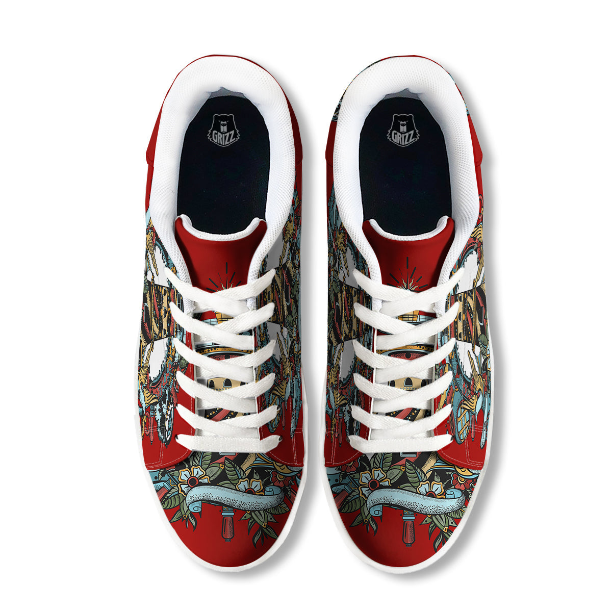 Lighthouse Sea Adventure Tattoo Print White Low Top Sneakers-grizzshop