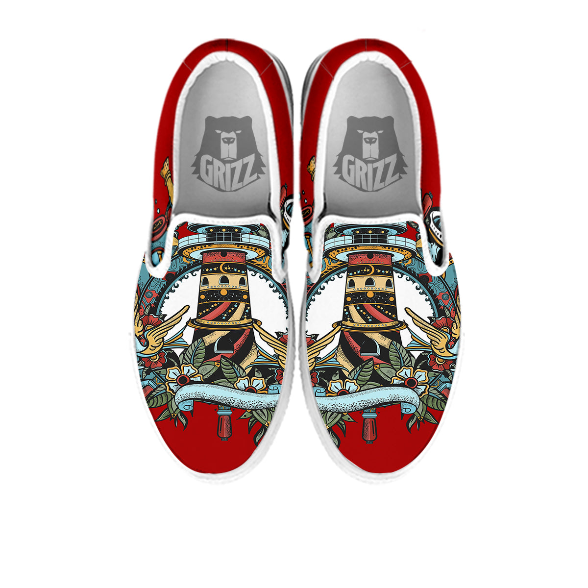 Lighthouse Sea Adventure Tattoo Print White Slip On Shoes-grizzshop