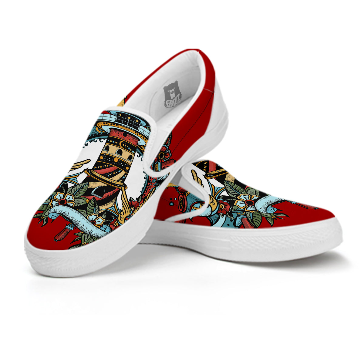 Lighthouse Sea Adventure Tattoo Print White Slip On Shoes-grizzshop