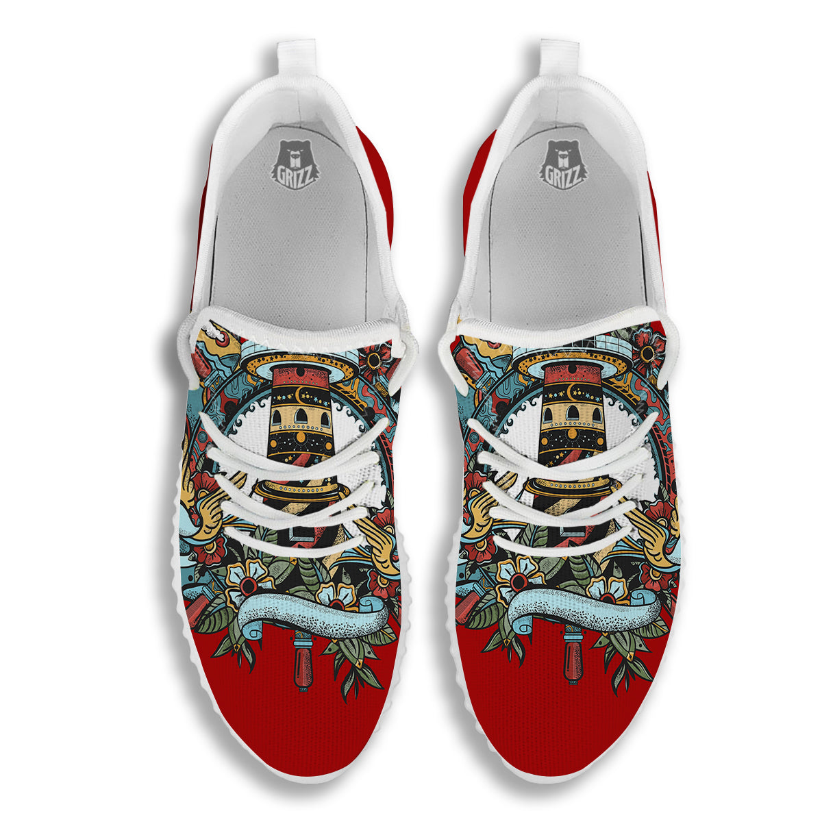 Lighthouse Sea Adventure Tattoo Print White Walking Shoes-grizzshop