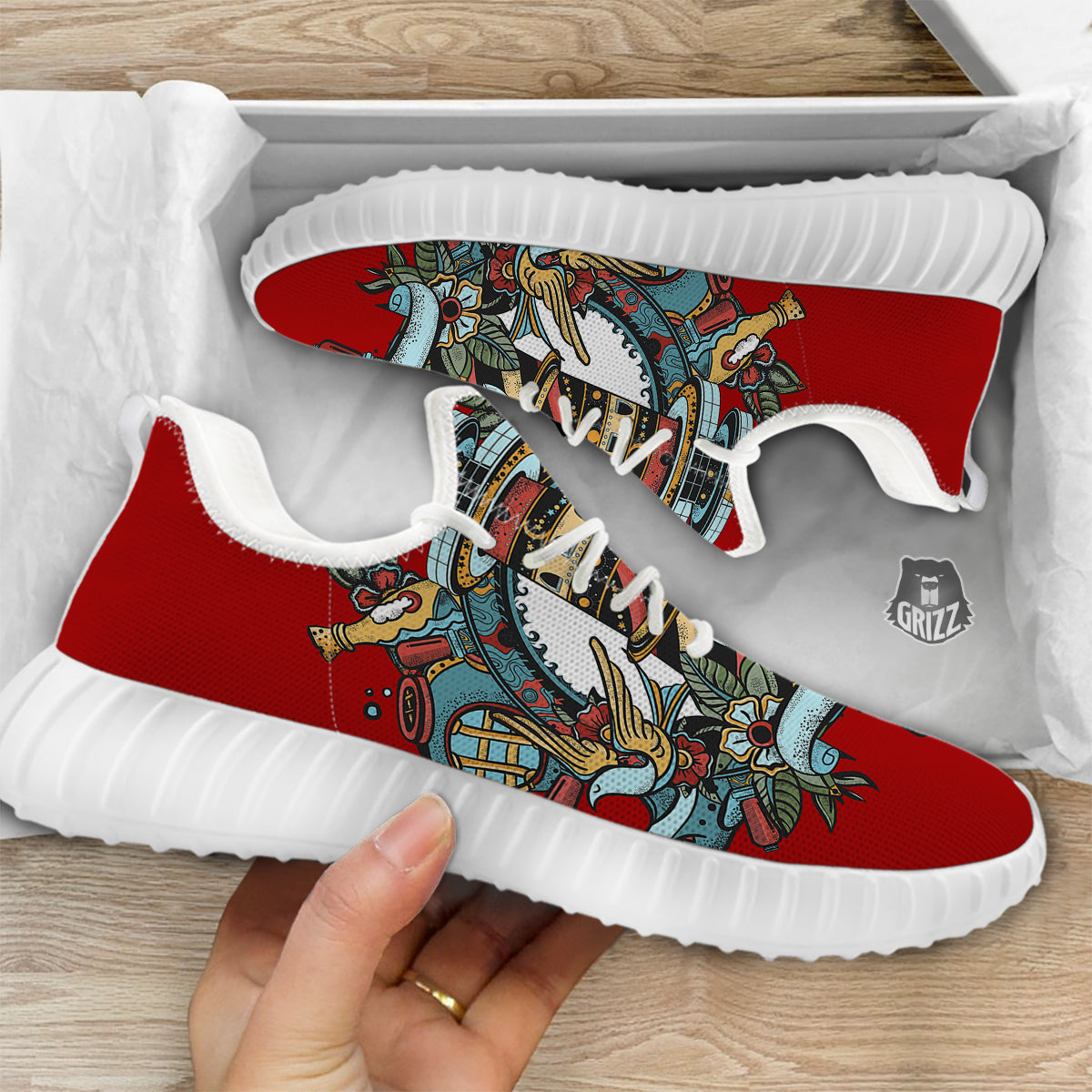 Lighthouse Sea Adventure Tattoo Print White Walking Shoes-grizzshop