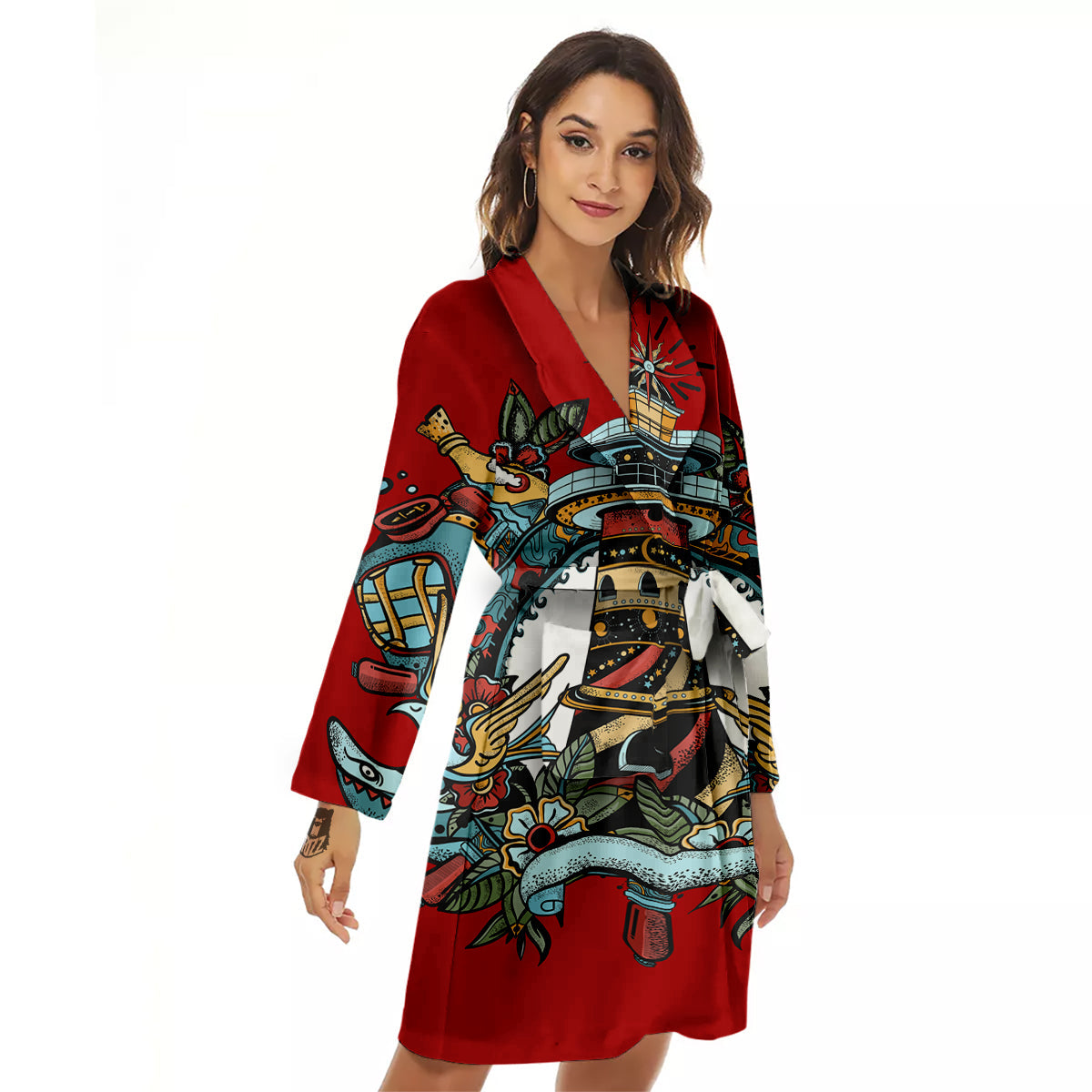 Lighthouse Sea Adventure Tattoo Print Women's Robe-grizzshop