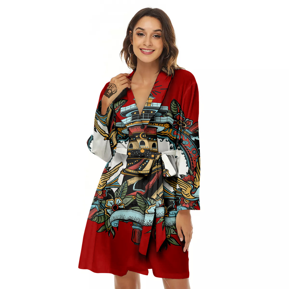 Lighthouse Sea Adventure Tattoo Print Women's Robe-grizzshop