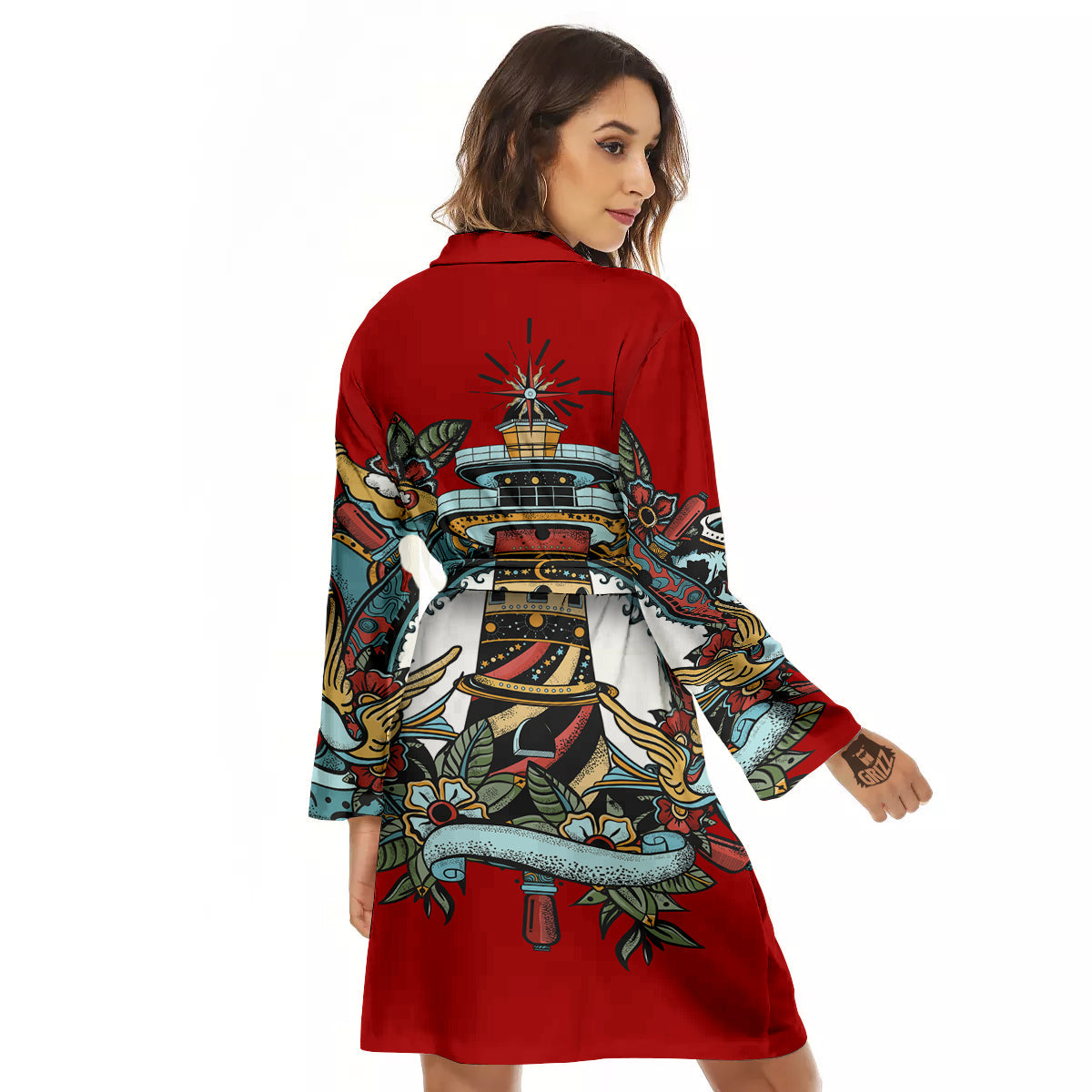 Lighthouse Sea Adventure Tattoo Print Women's Robe-grizzshop
