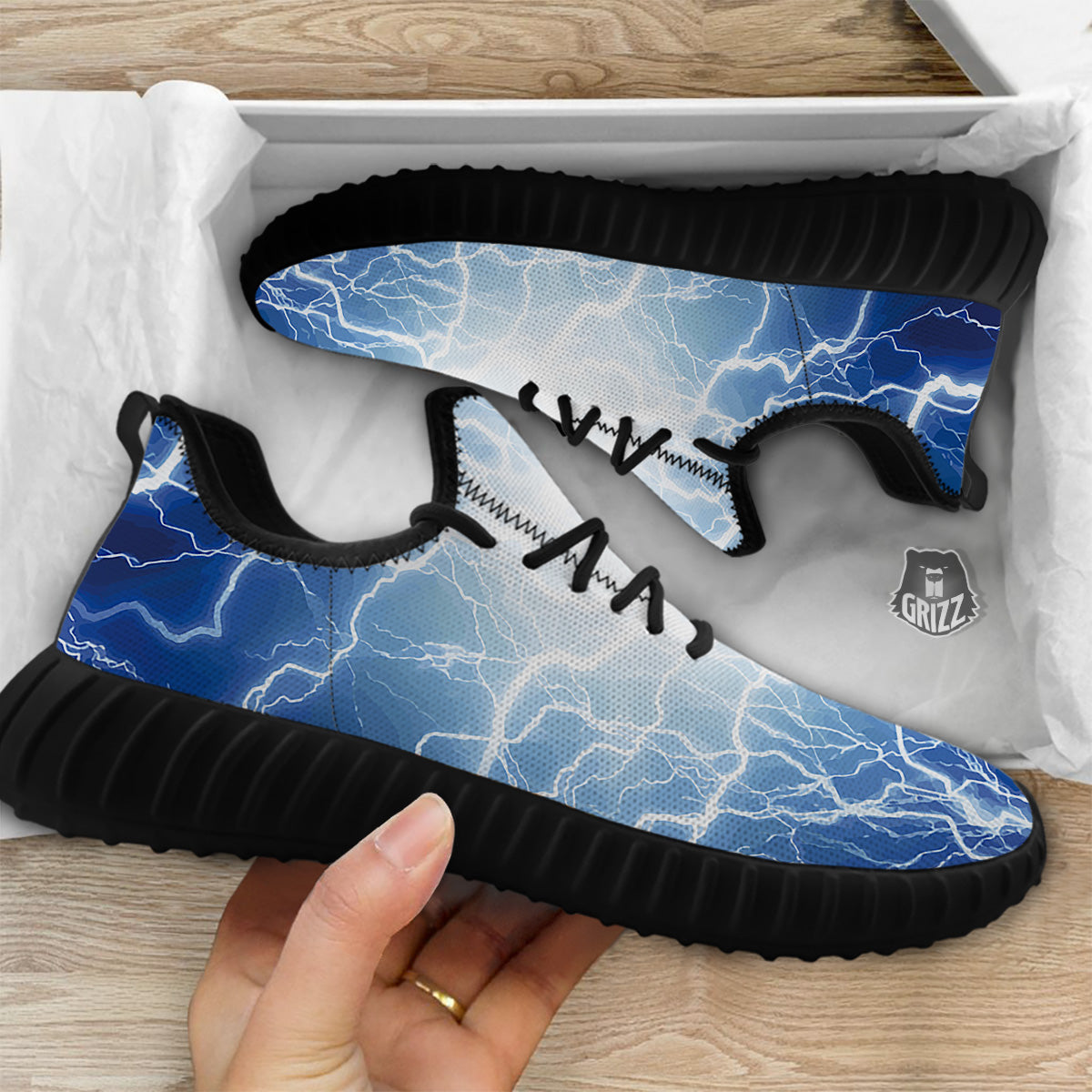 Lightning Blue Print Black Walking Shoes-grizzshop