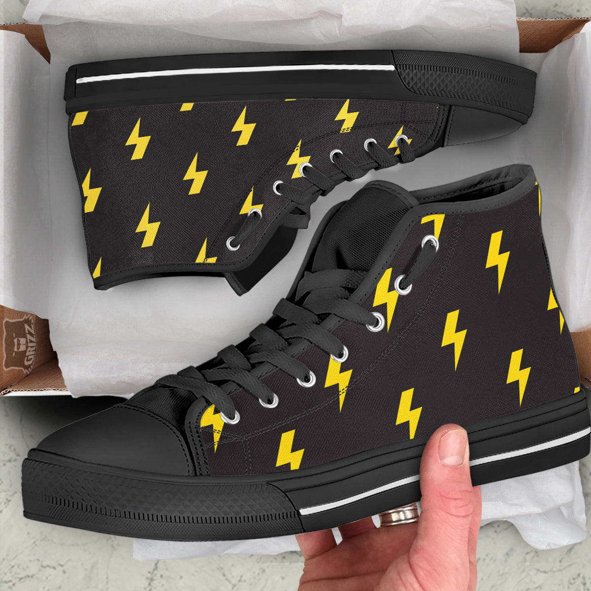 Lightning Bolts Yellow Print Pattern Black High Top Shoes-grizzshop