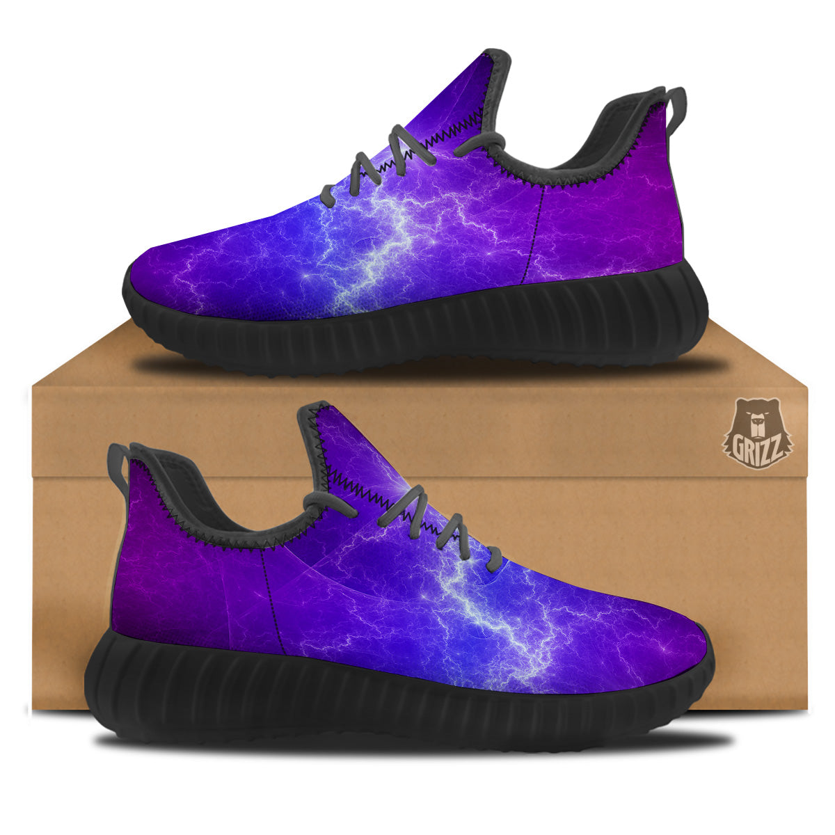 Lightning Purple And Blue Print Black Walking Shoes-grizzshop