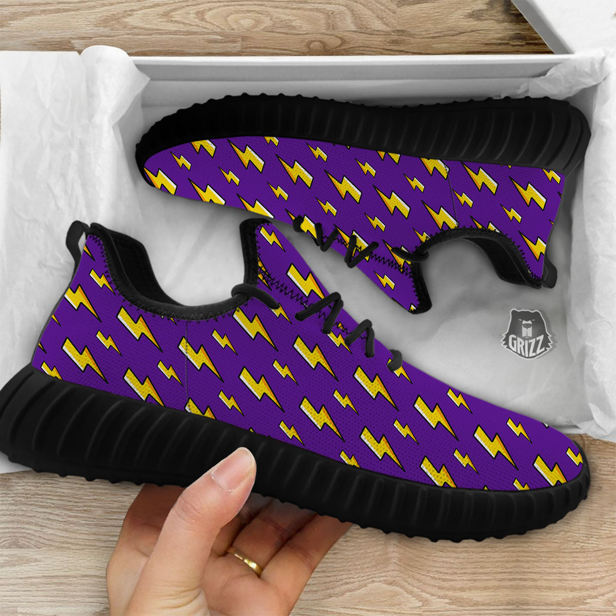 Lightning Purple Print Pattern Black Walking Shoes-grizzshop