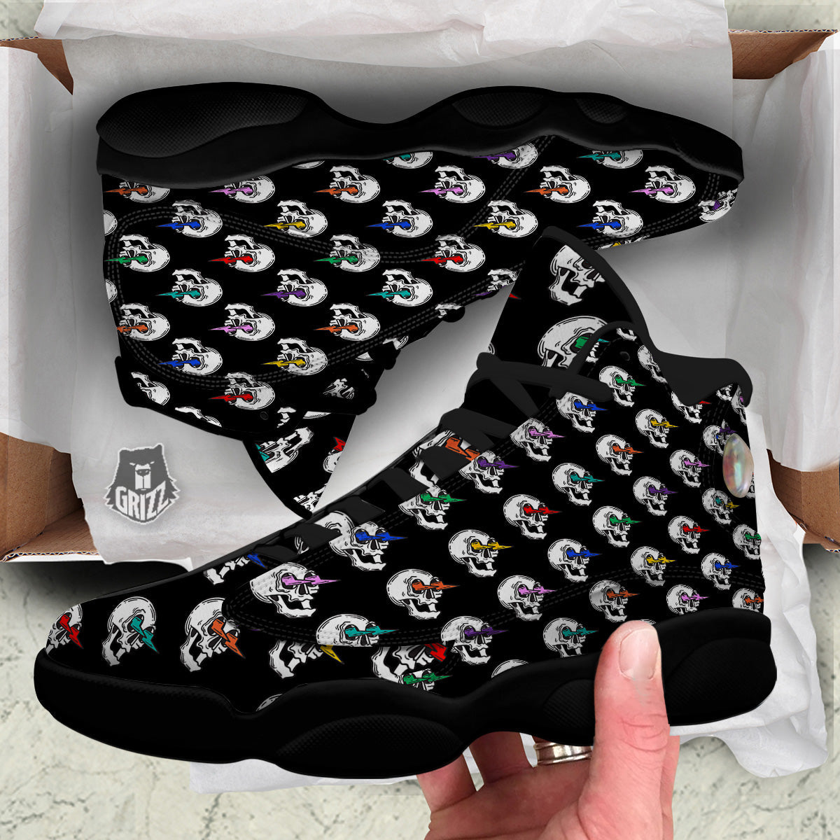 Lightning Skull Print Pattern Black Basketball Shoes-grizzshop