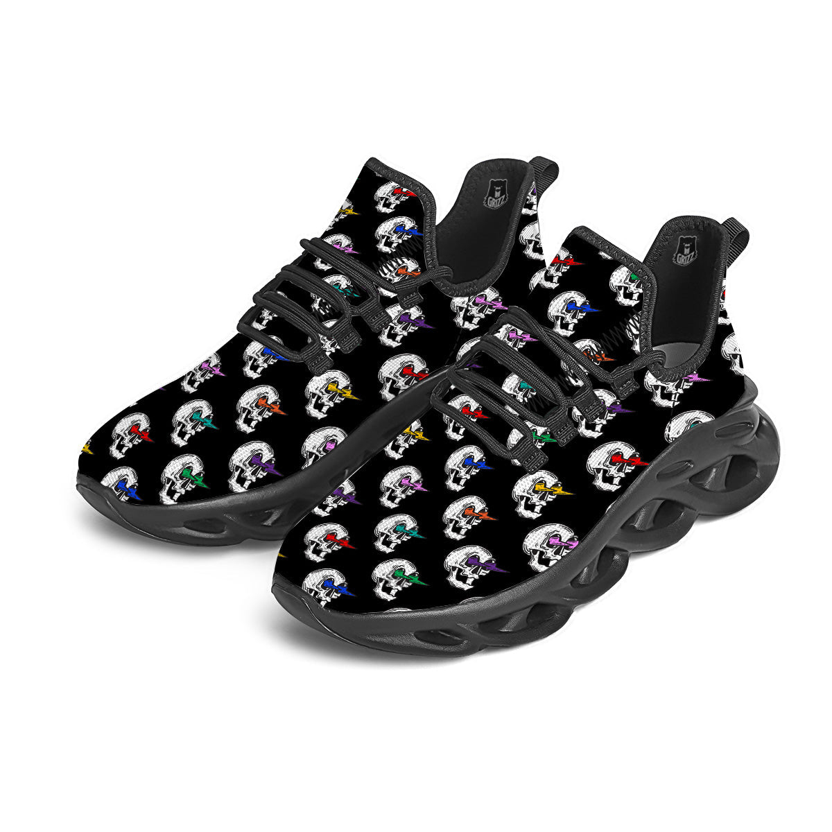 Lightning Skull Print Pattern Black Running Shoes-grizzshop