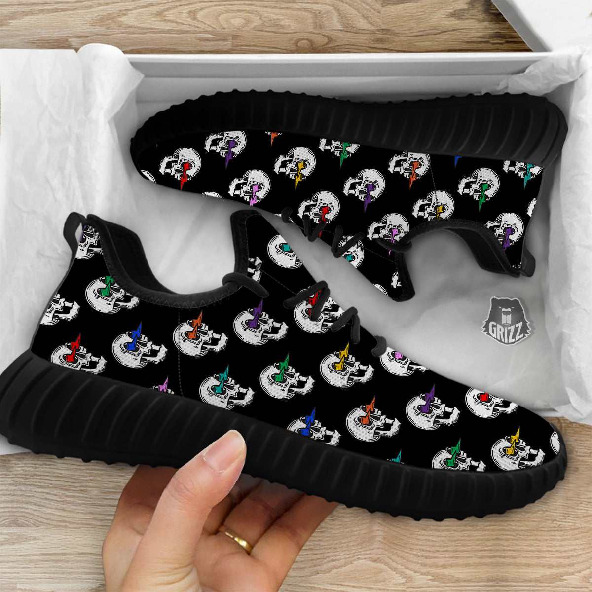 Lightning Skull Print Pattern Black Walking Shoes-grizzshop