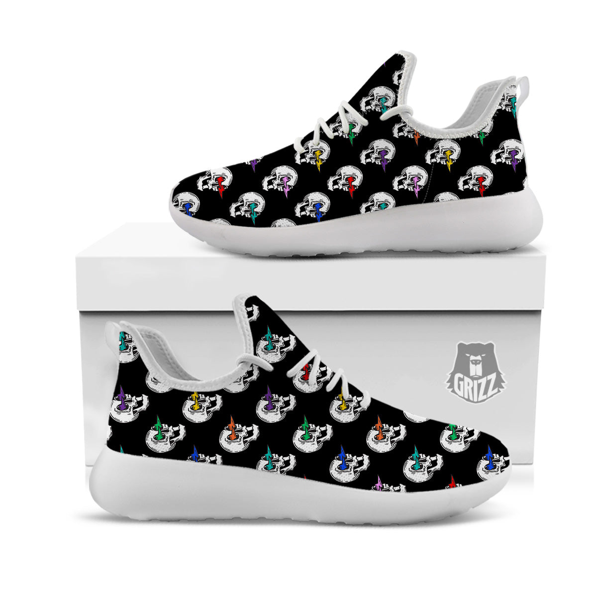 Lightning Skull Print Pattern White Athletic Shoes-grizzshop