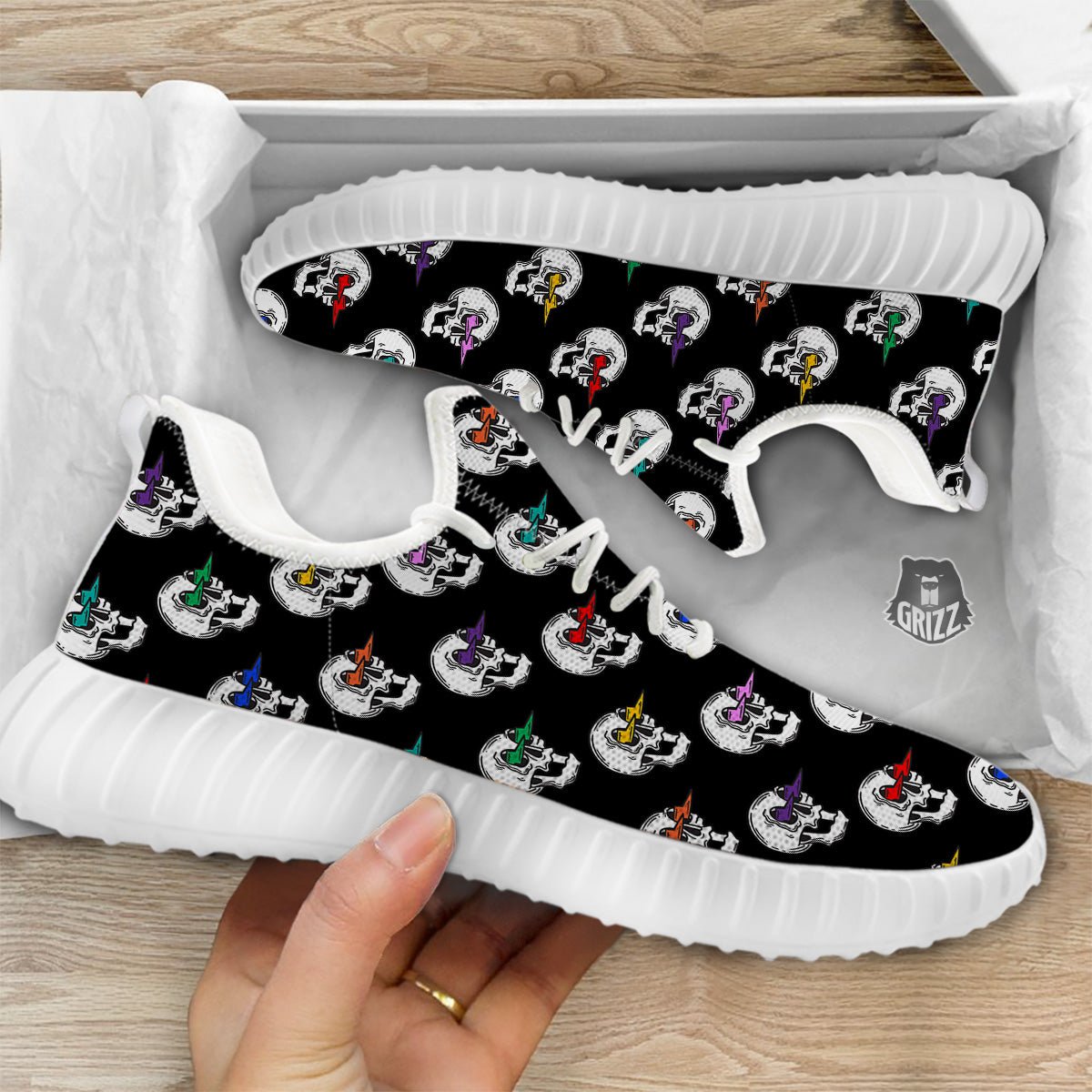 Lightning Skull Print Pattern White Walking Shoes-grizzshop