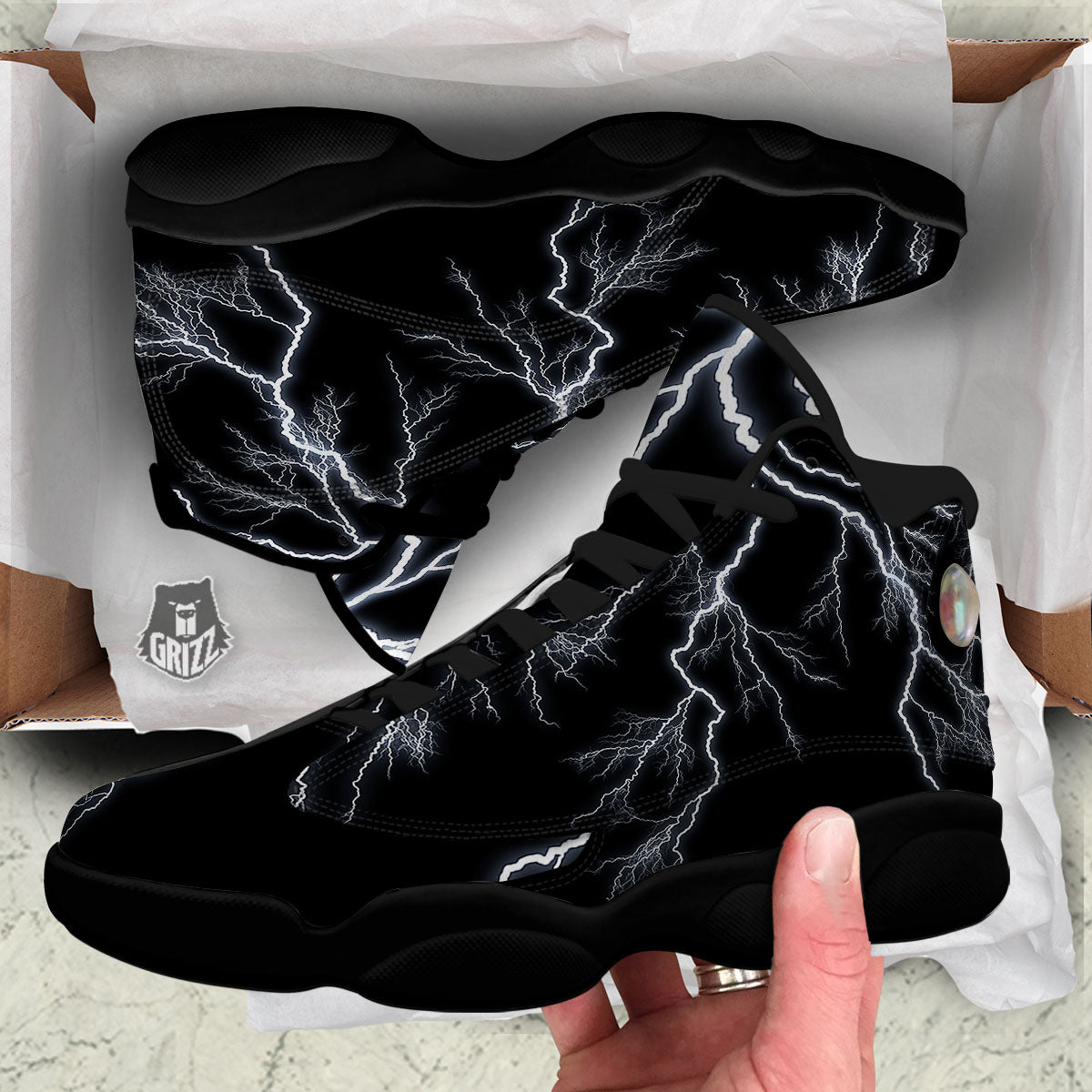 Lightning White Electric Print Black Basketball Shoes-grizzshop