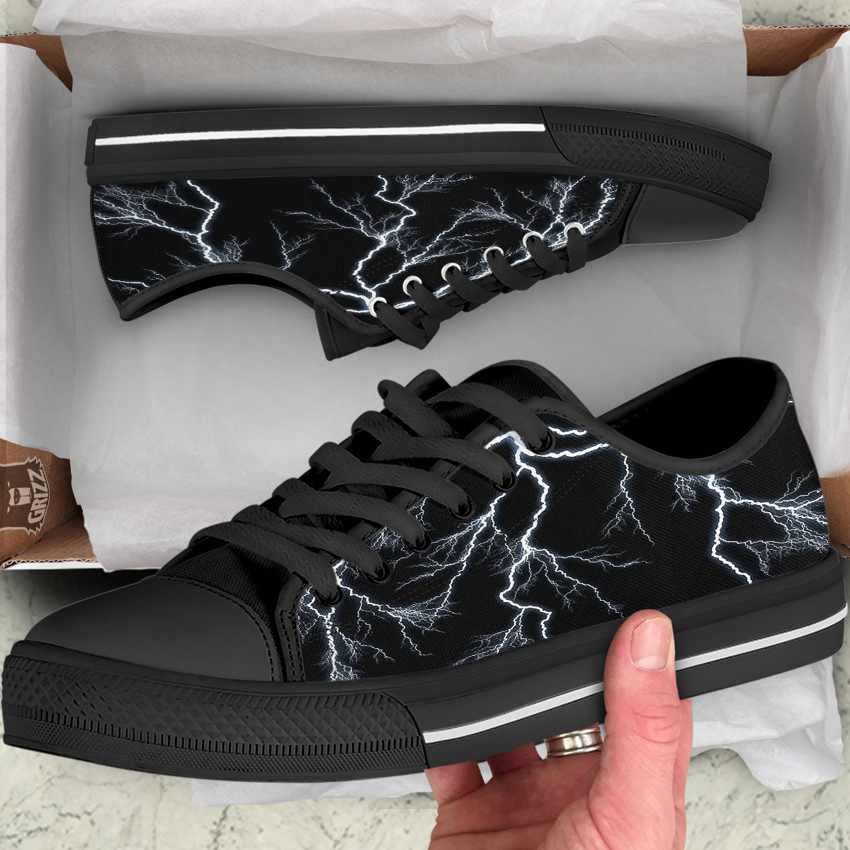 Lightning White Electric Print Black Low Top Shoes-grizzshop