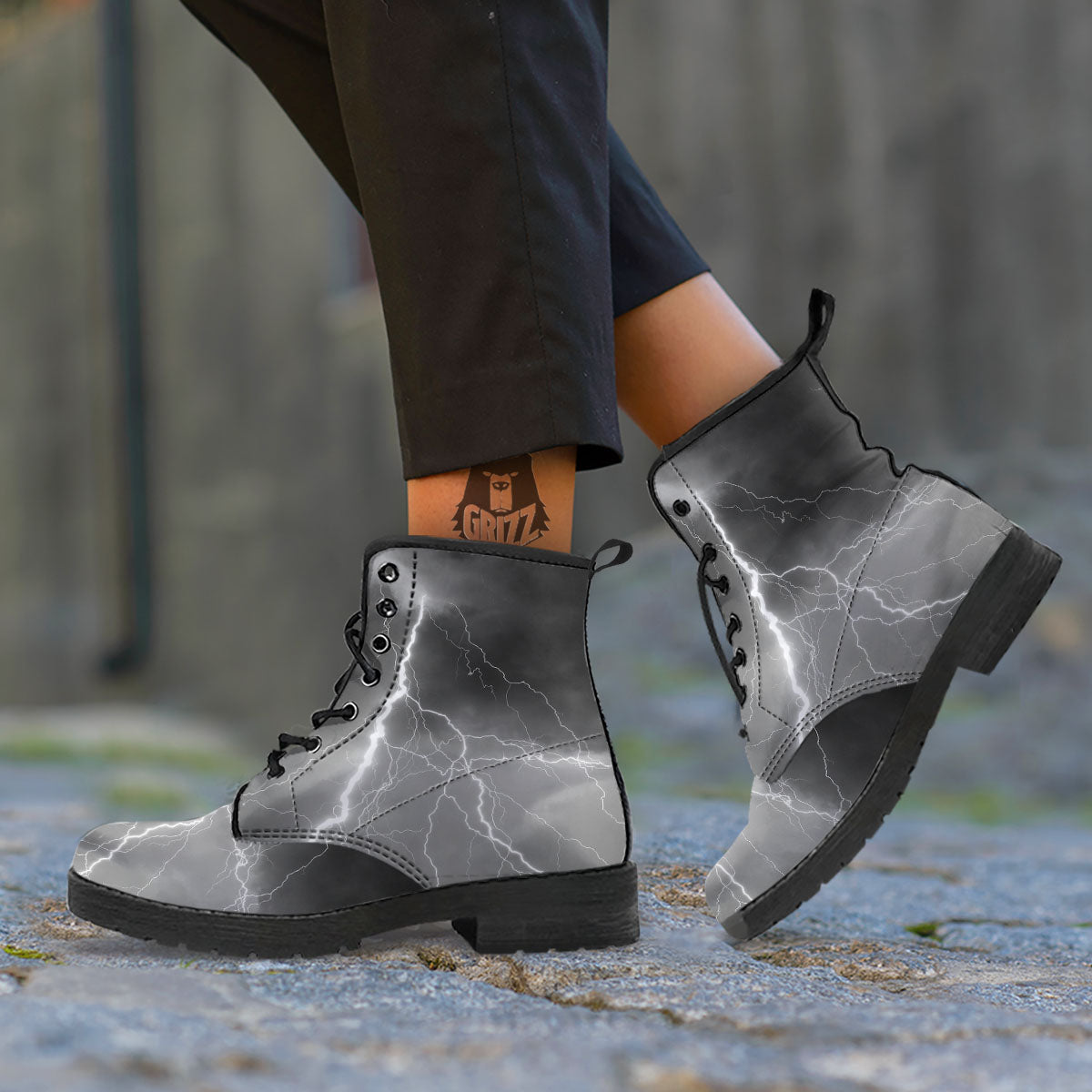 Lightning White Print Leather Boots-grizzshop