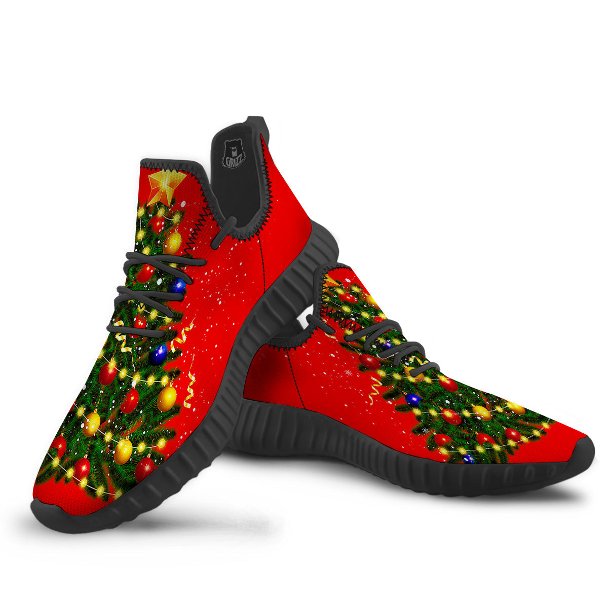 Lights Christmas Tree Print Black Walking Shoes-grizzshop