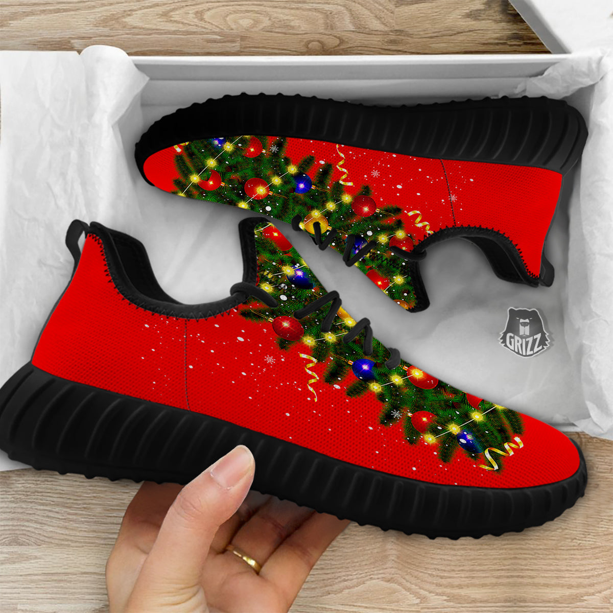 Lights Christmas Tree Print Black Walking Shoes-grizzshop