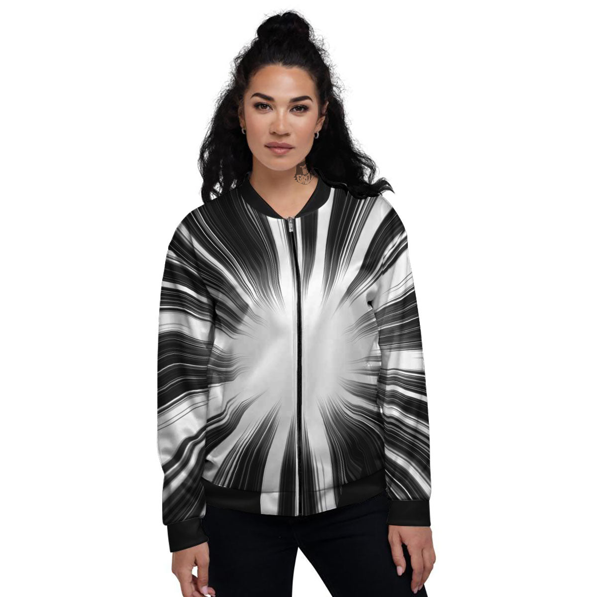 Lightspeed White And Black Print Women's Bomber Jacket-grizzshop