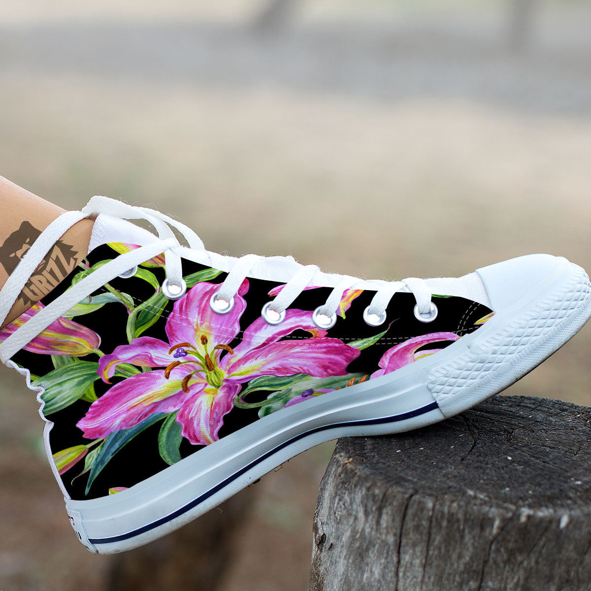 Lilies Pink Watercolor Print White High Top Shoes-grizzshop