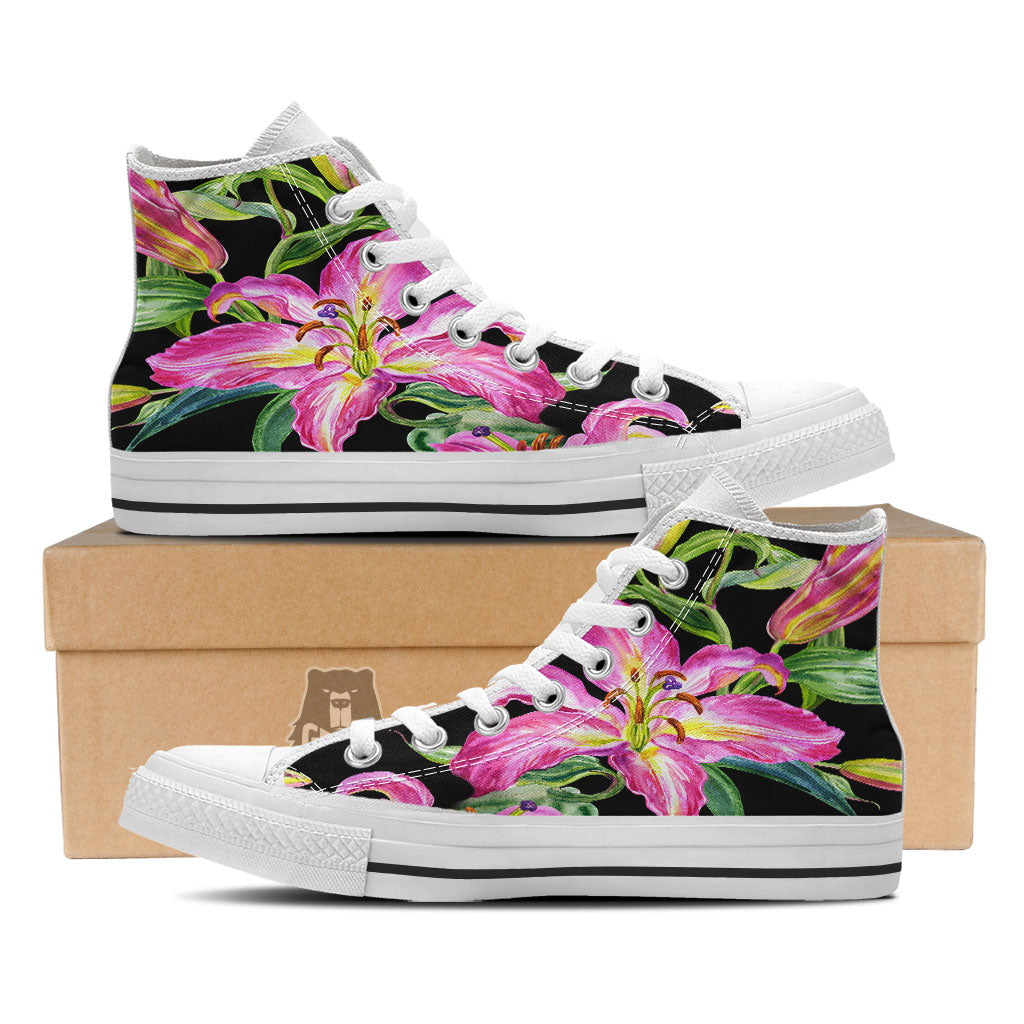 Lilies Pink Watercolor Print White High Top Shoes-grizzshop
