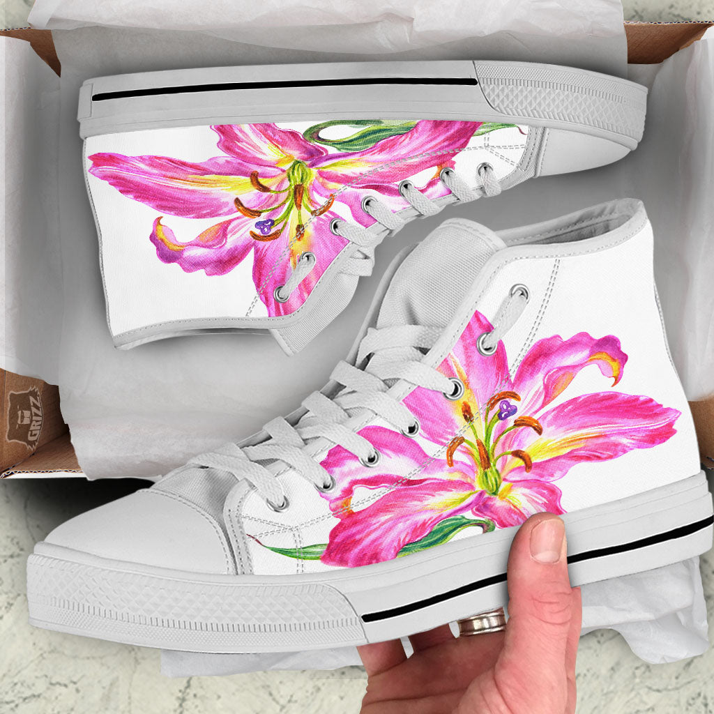 Lily Pink Watercolor Print White High Top Shoes-grizzshop