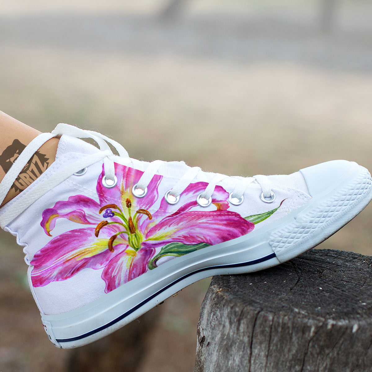 Lily Pink Watercolor Print White High Top Shoes-grizzshop
