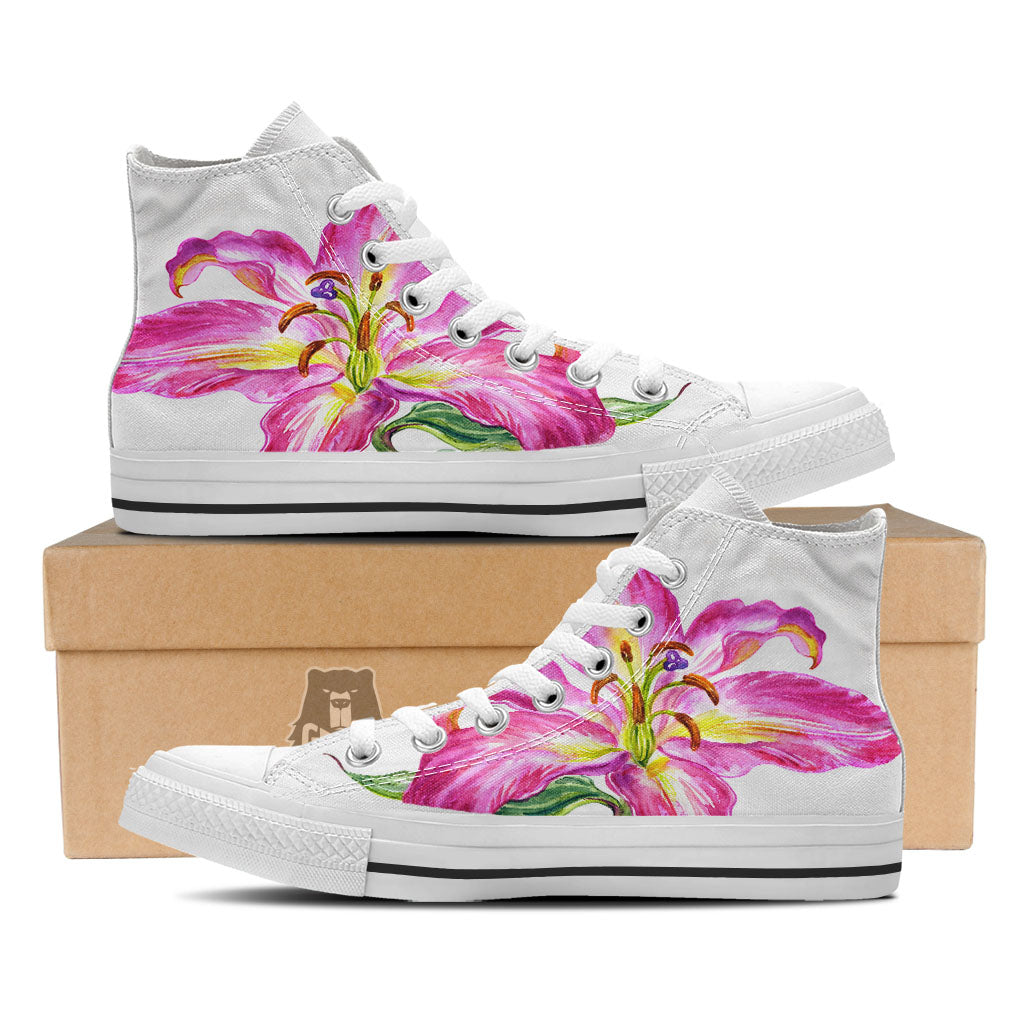 Lily Pink Watercolor Print White High Top Shoes-grizzshop