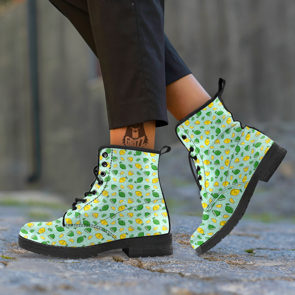 Lime Cute Print Pattern Leather Boots-grizzshop