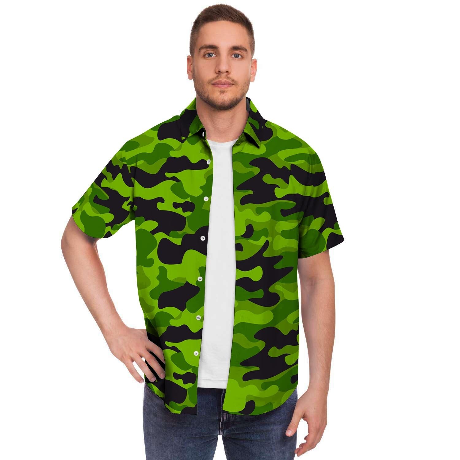 Lime Green Camo Print Men's Short Sleeve Shirt-grizzshop