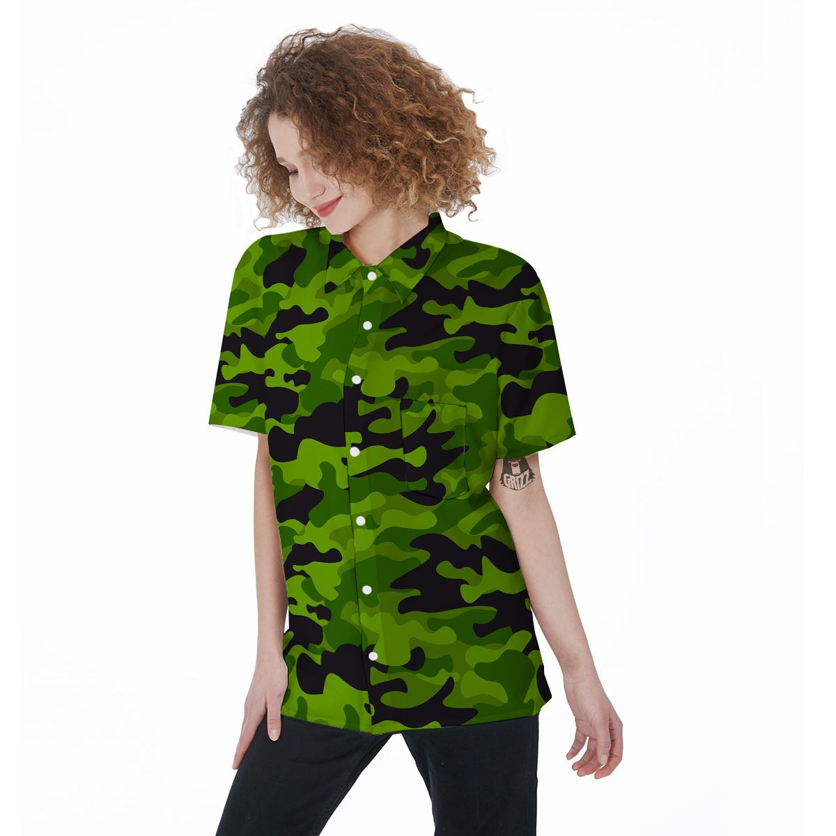 Lime Green Camo Print Women's Short Sleeve Shirts-grizzshop