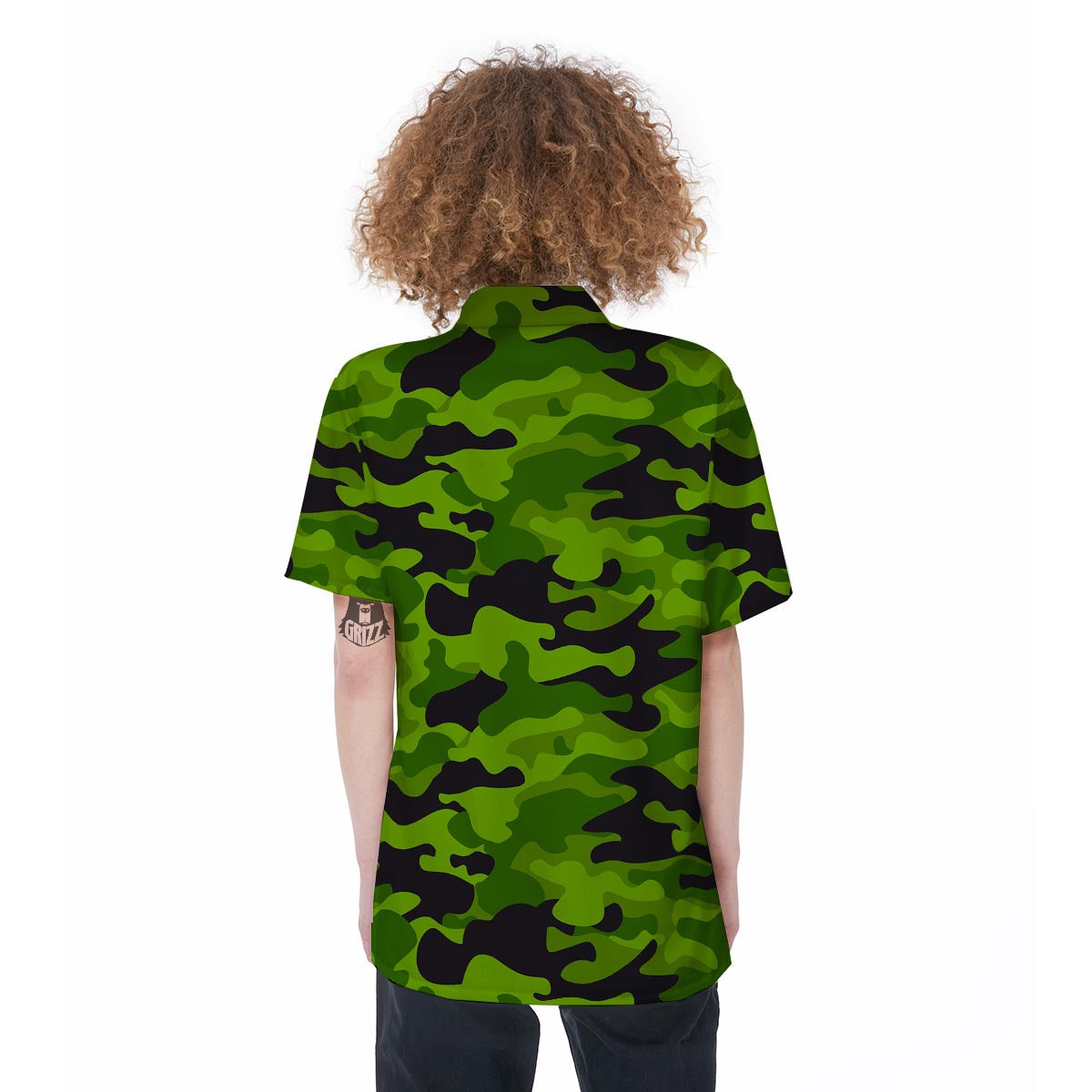 Lime Green Camo Print Women's Short Sleeve Shirts-grizzshop