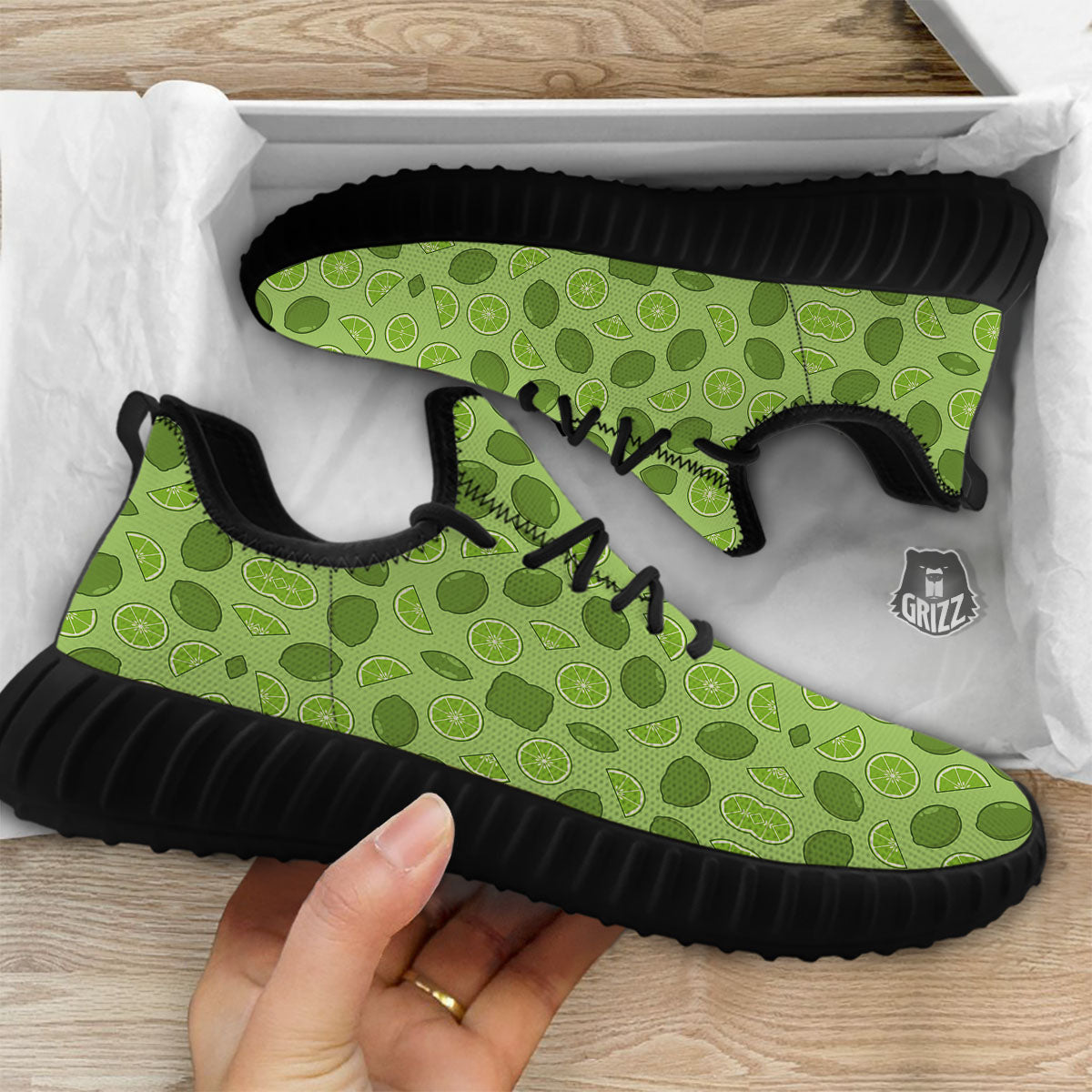 Lime Green Print Pattern Black Walking Shoes-grizzshop