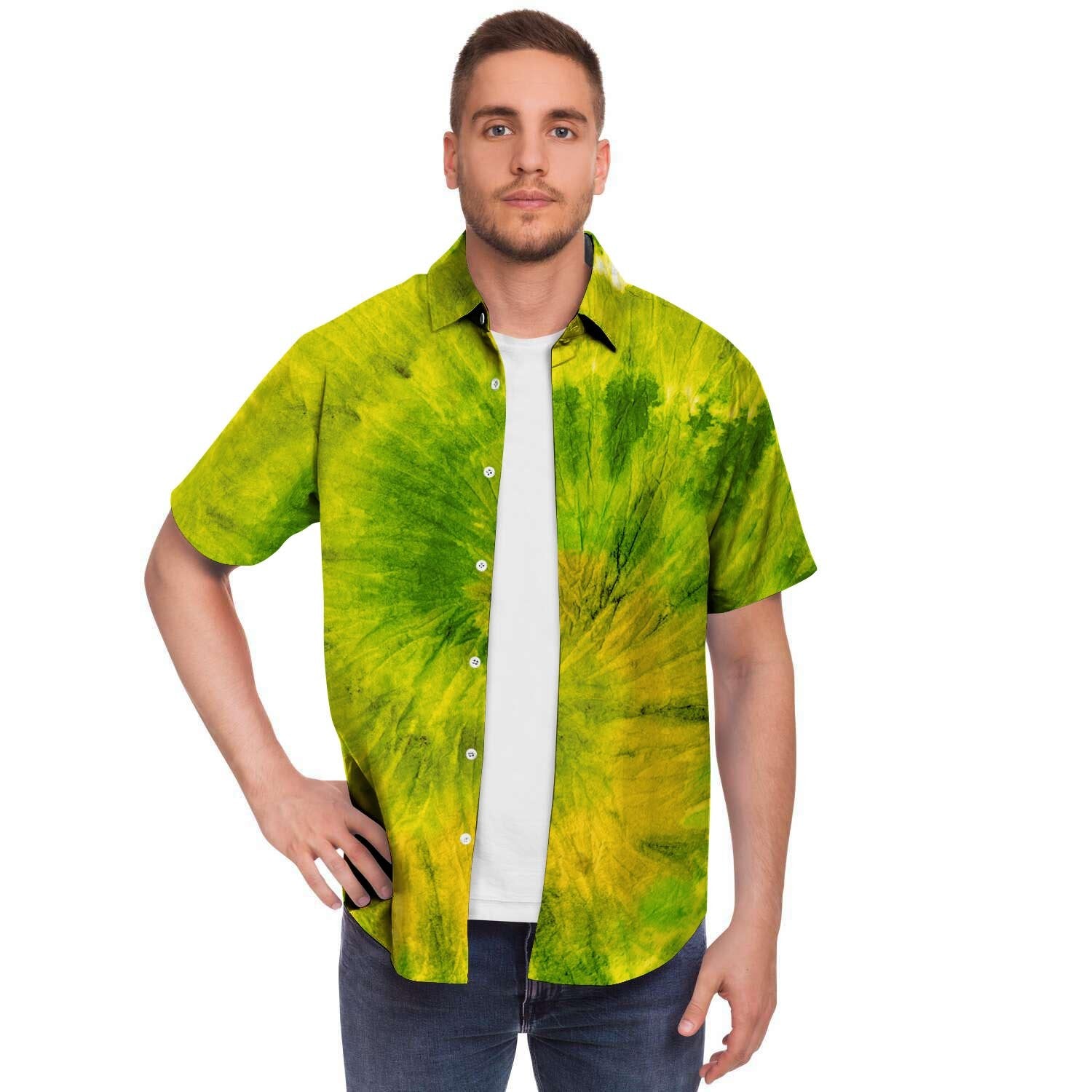 Lime Green Tie Dye Men's Short Sleeve Shirt-grizzshop