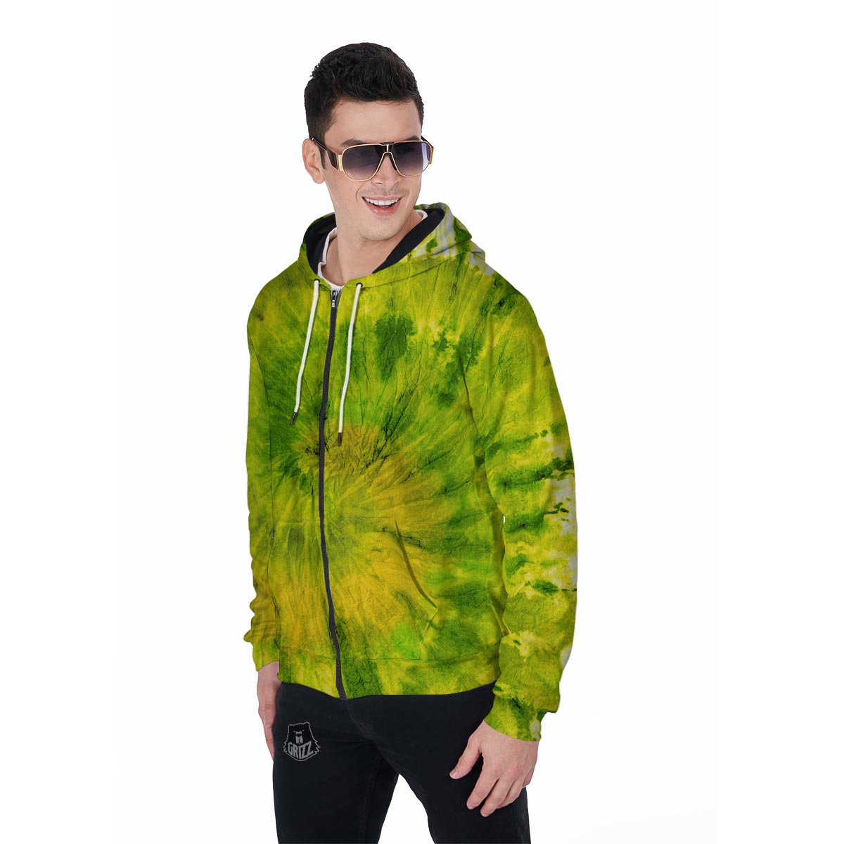 Lime Green Tie Dye Men's Zip Up Hoodie-grizzshop